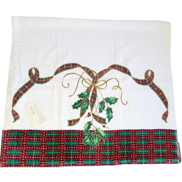 Lenox Holiday Nouveau Bath Towel & Hand Towel Christmas Holly Berry Plaid NWT - Picture 3 of 10